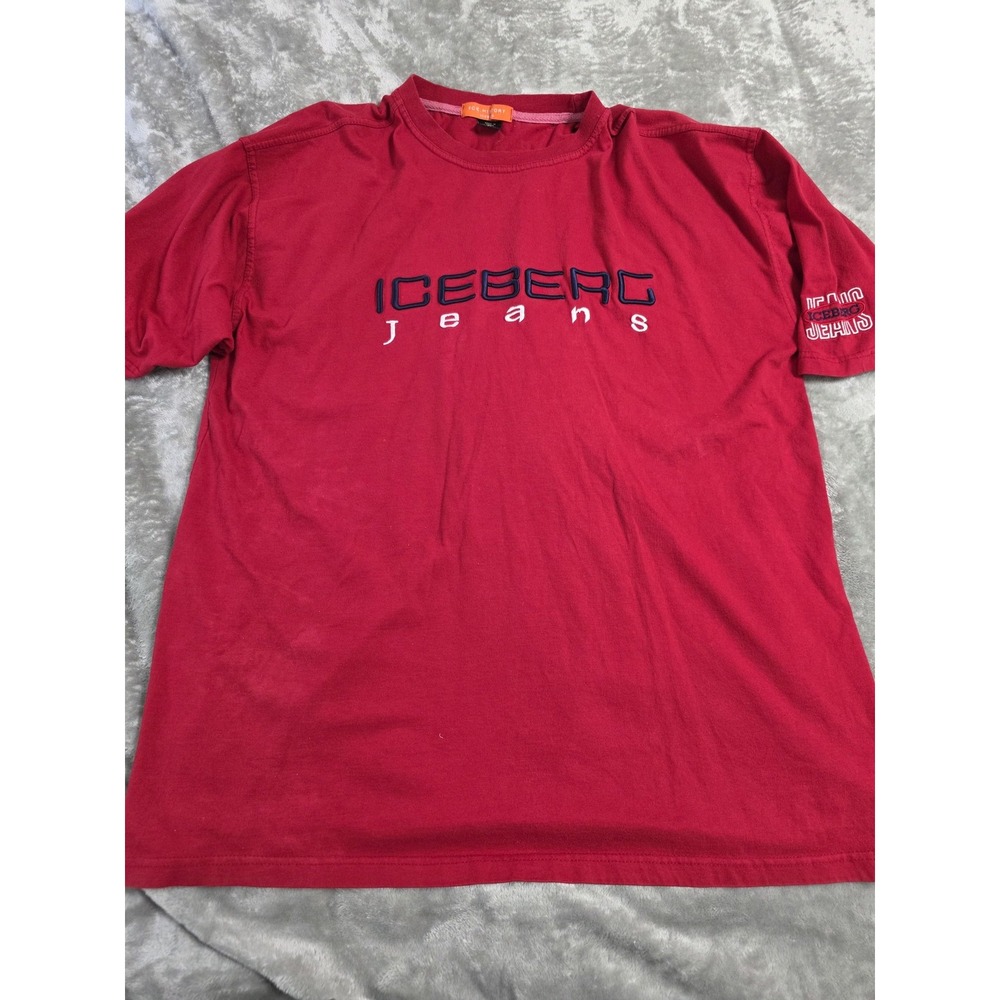 Iceberg Jeans Mens XL Red Embroidered Logo Graphic T-Shirt Ice History Korea